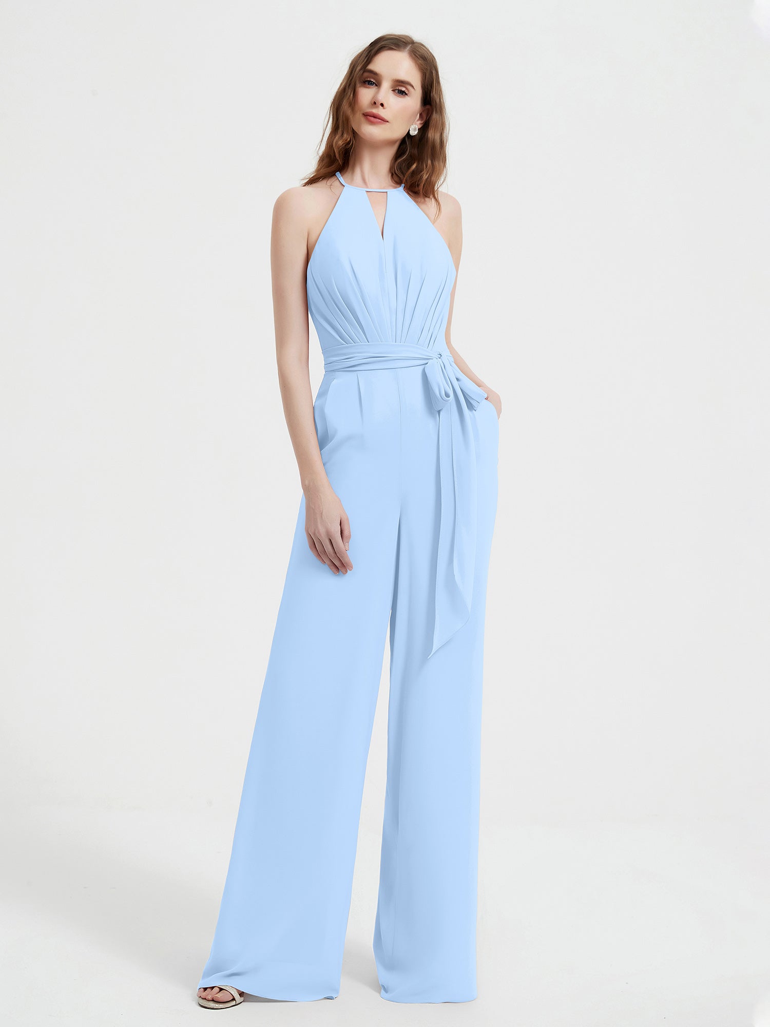 Halter Neckline Sleeveless Chiffon Pleated Jumpsuit Sky Blue